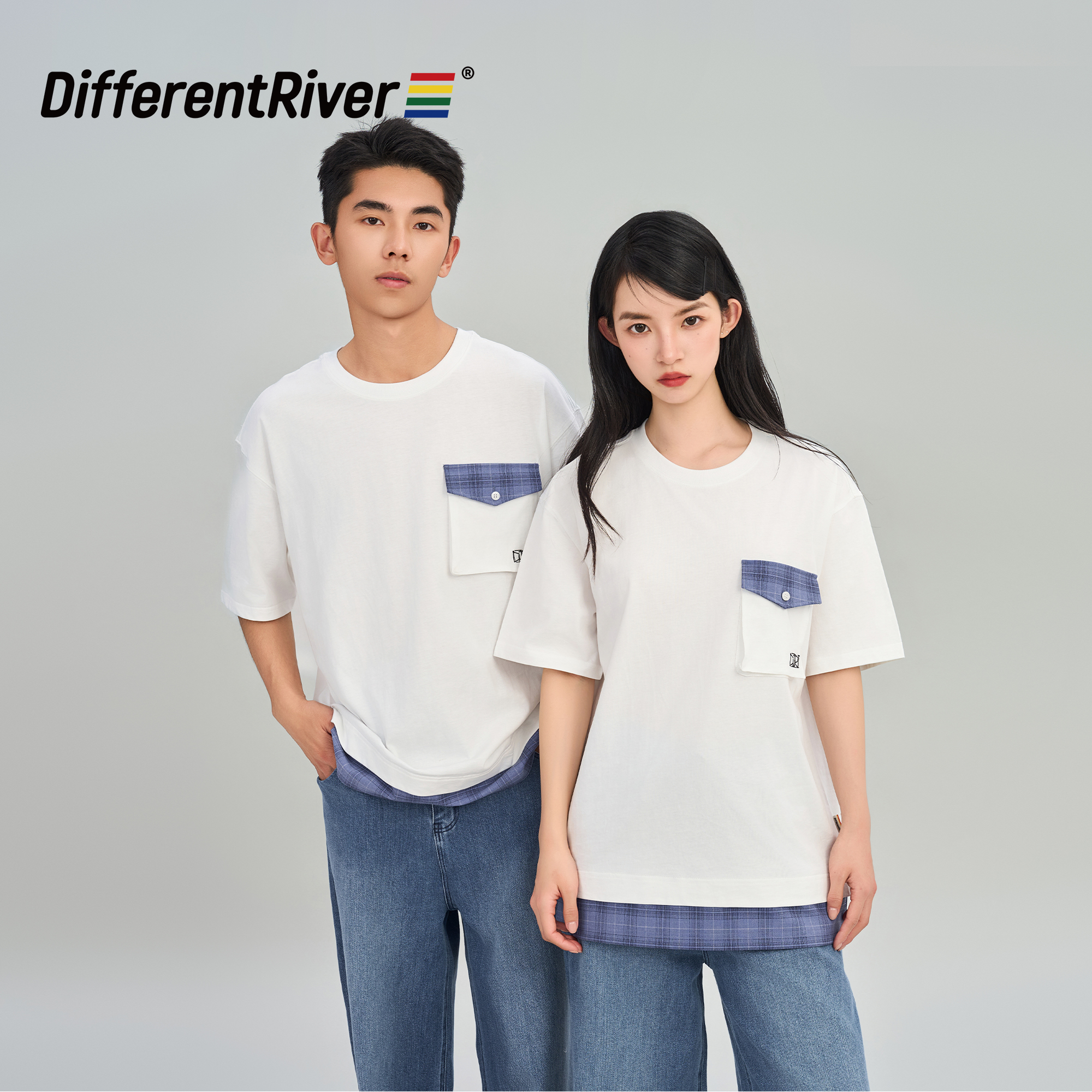 DifferentRiver2024春夏男女同款时尚格纹休闲百搭撞色学院风T恤