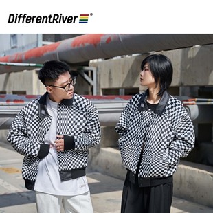 情侣小众设计棒球服夹克外套 DifferentRiver秋冬棋盘格ins潮个性