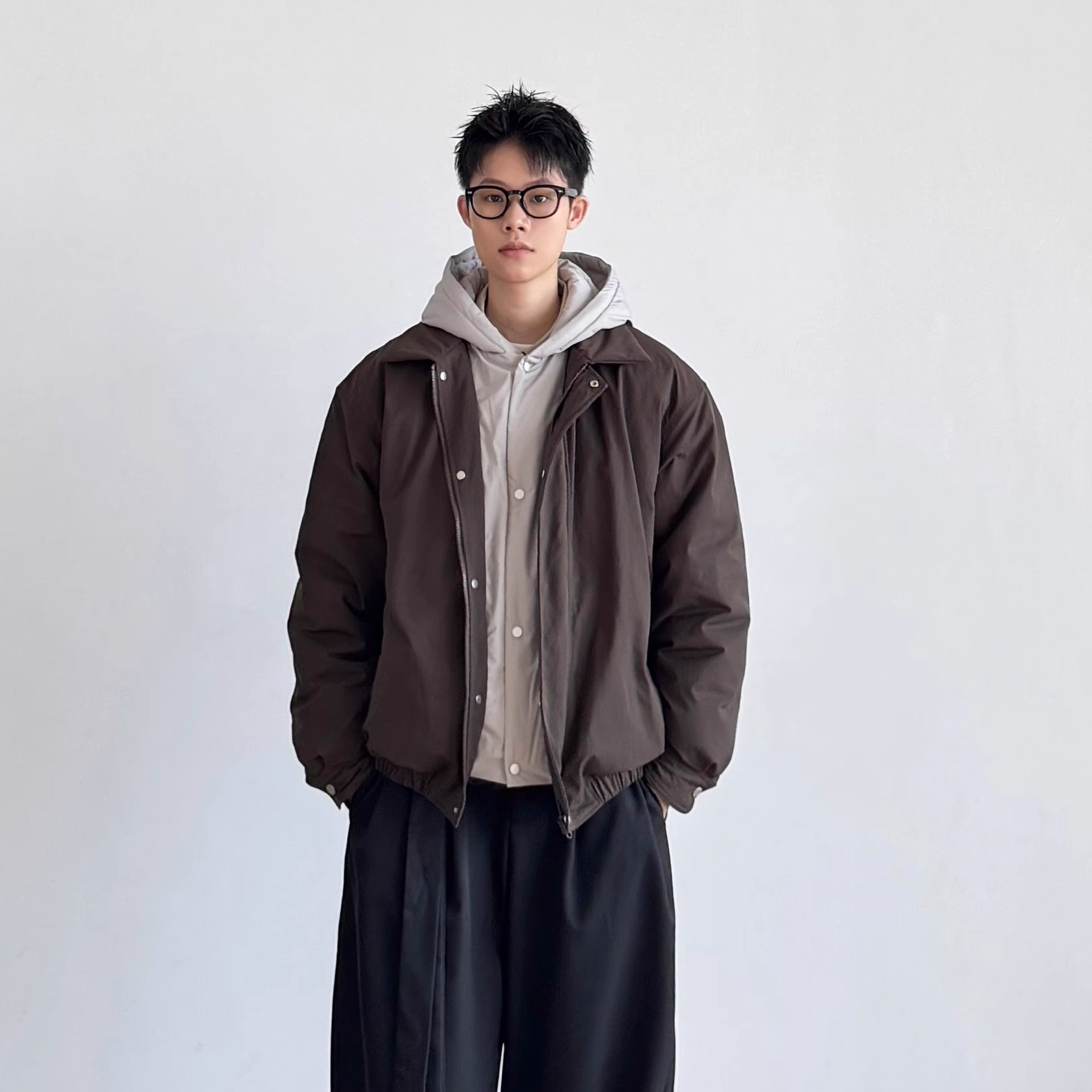 白鸭绒复古拼接假两件连帽夹克