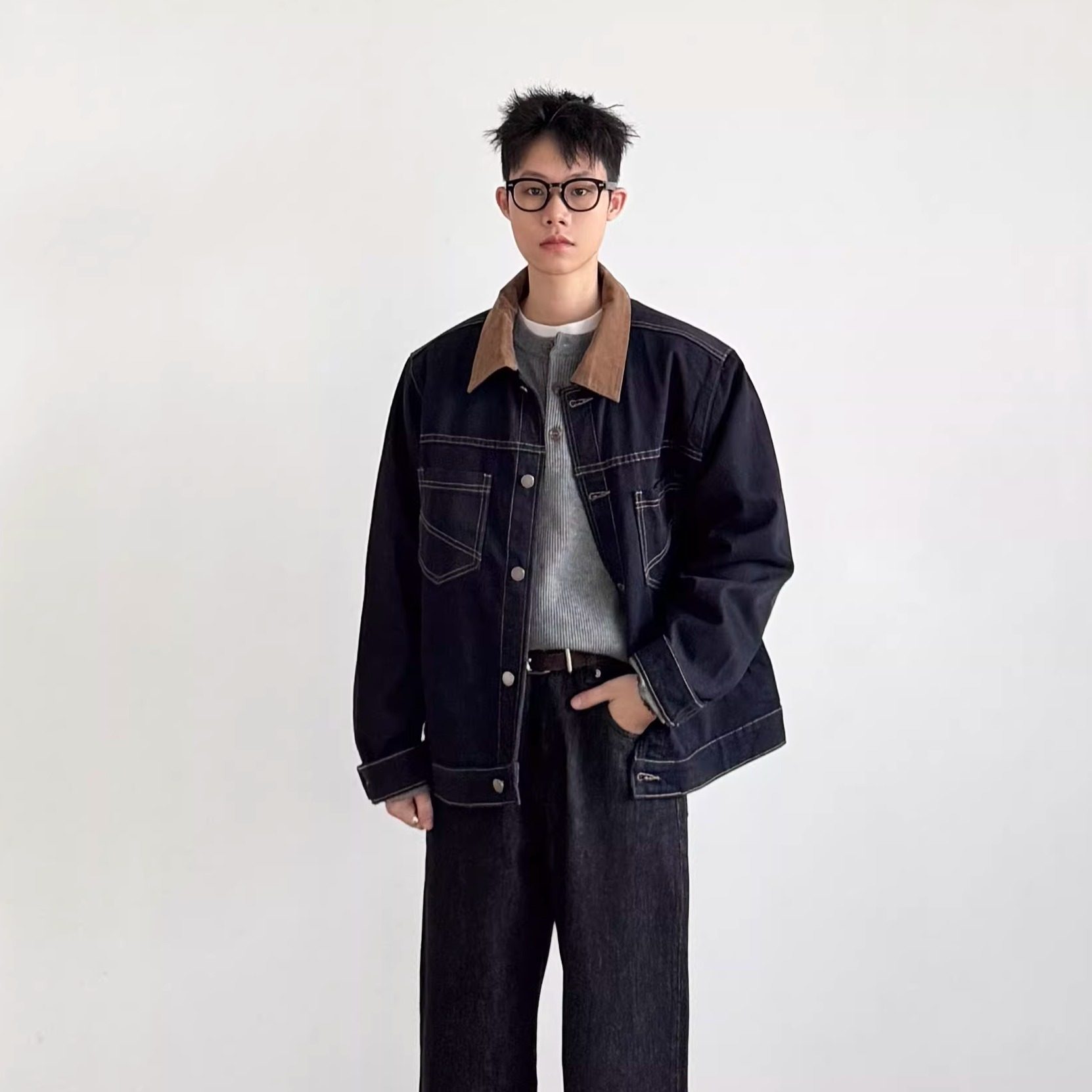 SIIIEND拼接灯芯复古牛仔外套男宽松翻领夹克原牛蓝潮流百搭休闲,男装,牛仔外套,淘宝优惠券,粉丝福利购,淘宝优惠卷