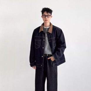 SIIIEND拼接灯芯复古牛仔外套男宽松翻领夹克原牛蓝潮流百搭休闲