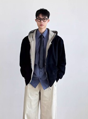 SIIIEND韩系短款MIU系学院风双面穿连帽男短款黑色拼接卫衣日系