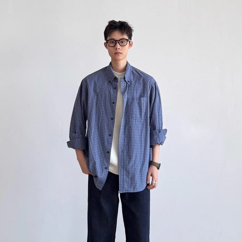 日系复古格子衬衫男秋季宽松休闲