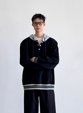 SIIIEND日系复古拼接连帽情侣男百搭休闲按扣衣襟简约美式卫衣