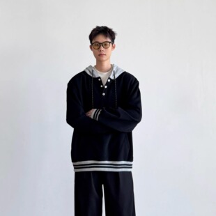 SIIIEND日系复古拼接连帽情侣男百搭休闲按扣衣襟简约美式 卫衣