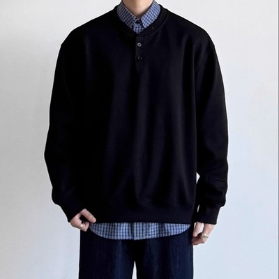 美式复古亨利领长袖T恤男