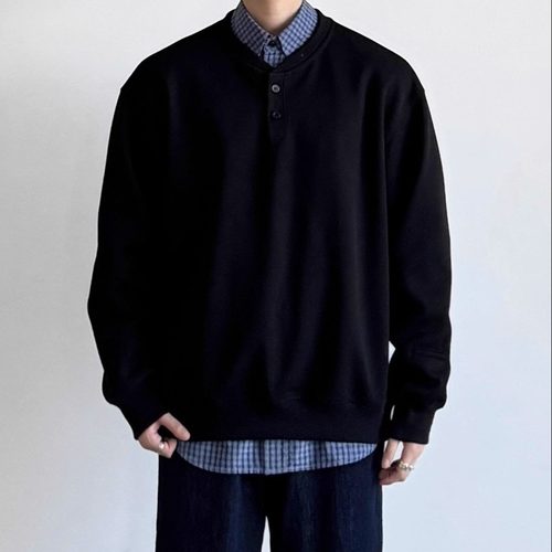 美式复古亨利领长袖T恤男