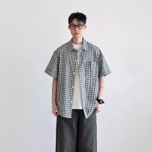 翻领拼接袋男夏季 衬衫 宽松休闲百搭衬衣 复古格纹短袖 SIIIEND美式