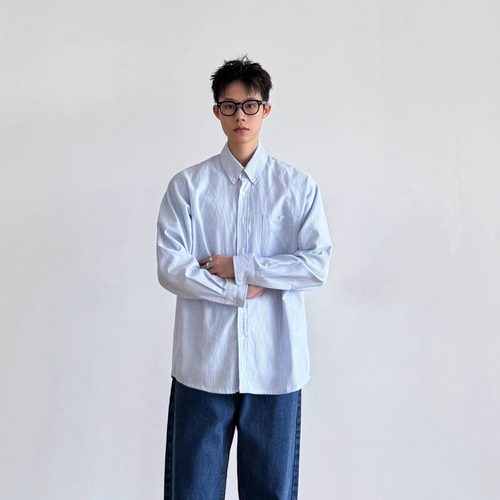 美式复古条纹衬衫男日系长袖