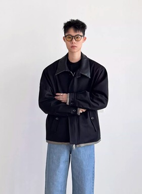 SIIIEND老钱短款休闲风翻领夹克男宽松百搭黑色外套复古男装
