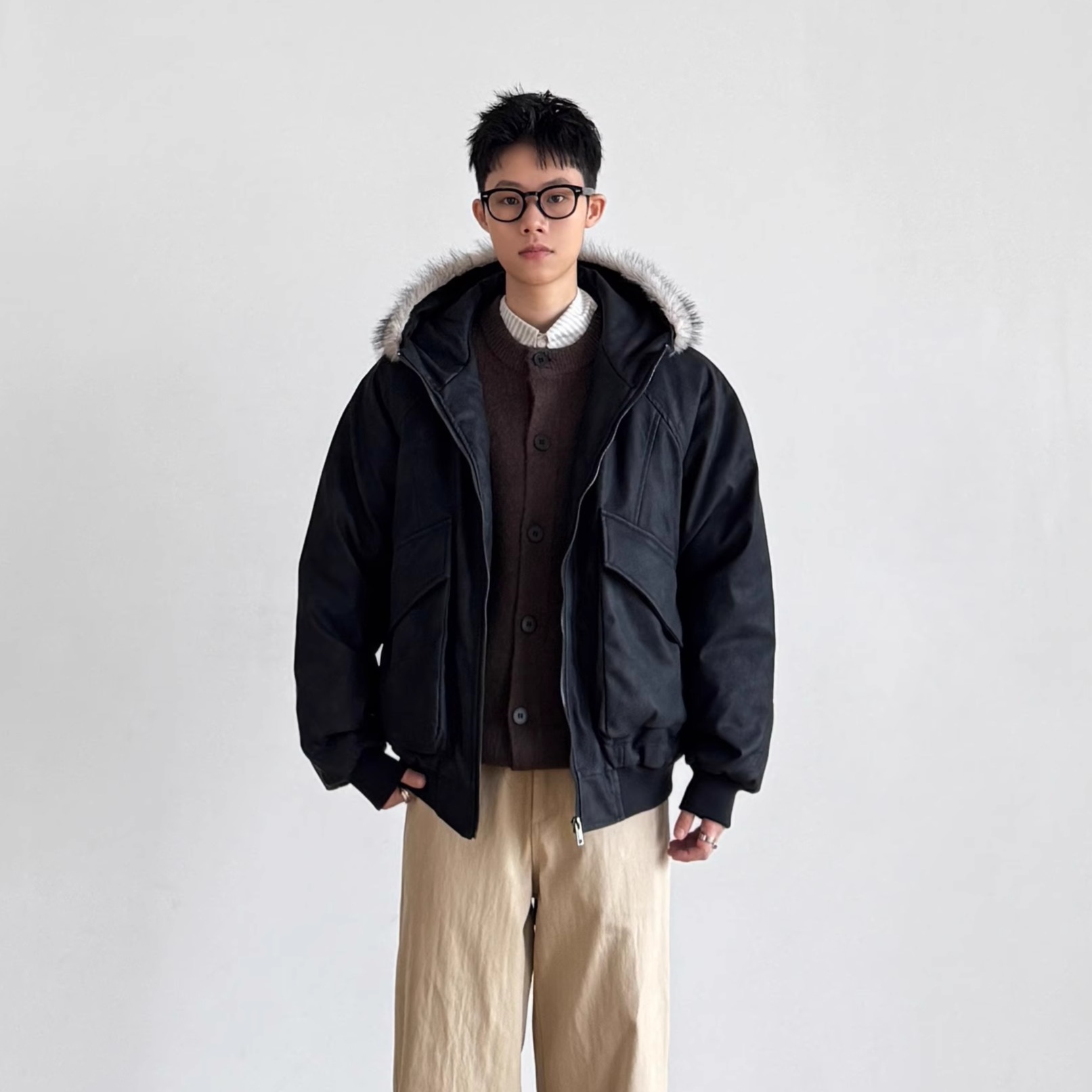 可拆卸PU毛领棉衣男冬季加厚