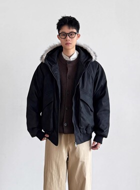 SIIIEND工装风可拆卸PU毛领棉衣皮衣男冬季加厚连帽宽松外套黑色