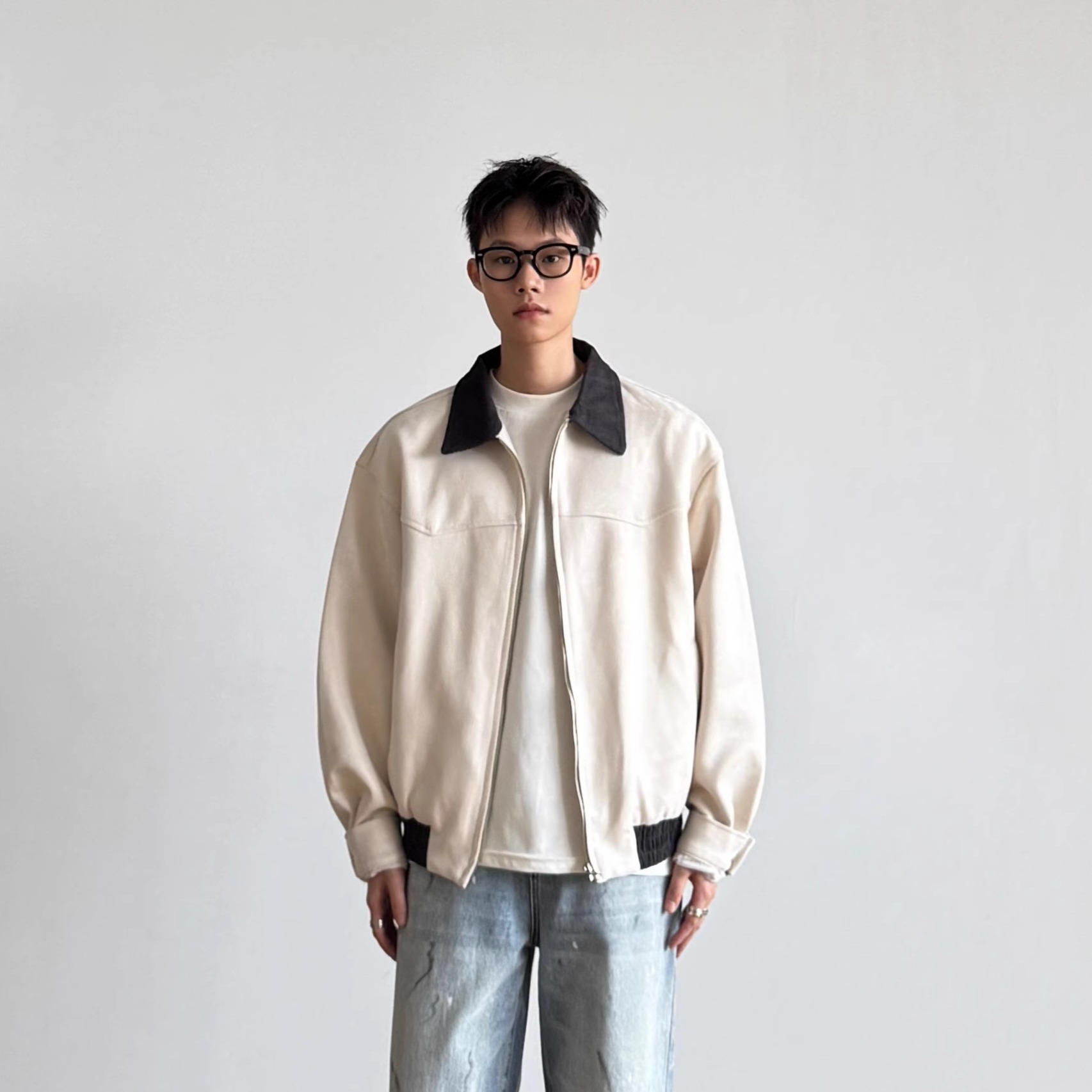 美式复古拼接翻领夹克