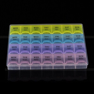 1PCS 4 Row 28 Squares Weekly 7 Days Tablet Pill Box Holder