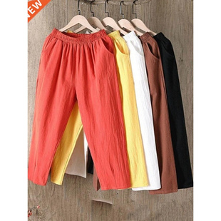 Cotton Linen Pants Women Spring Summer Large Size Solid Colo