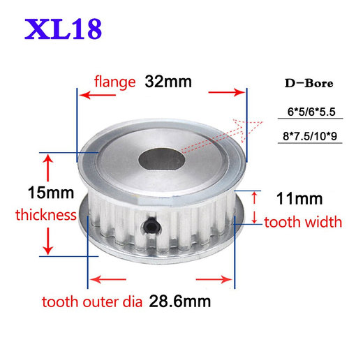 1Pcs XL18 Teeth Synchronous Wheel D Bore Timing Belt Pulley