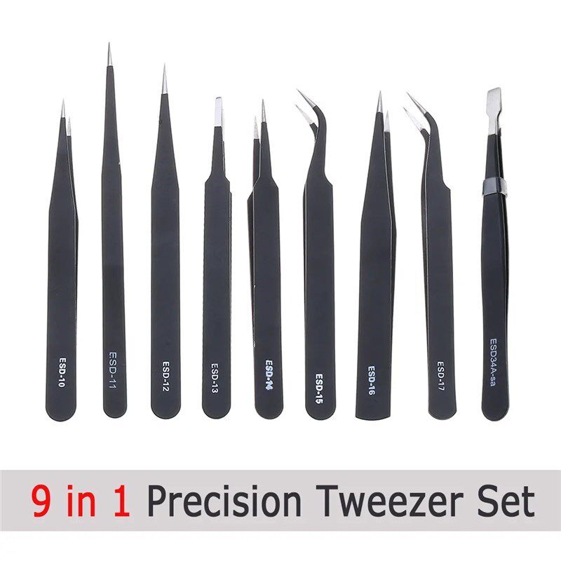 9Pcs ESD Tweezer Anti-static Stainless Steel Precisiion Twee