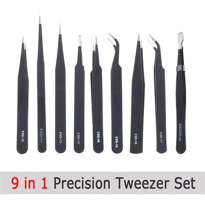 9Pcs ESD Tweezer Anti-static Stainless Steel Precisiion Twee