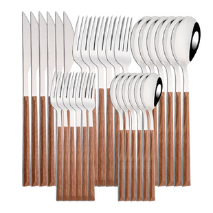 6/30Pcs Stainless Steel Dinner Flatware Imitation Wooden