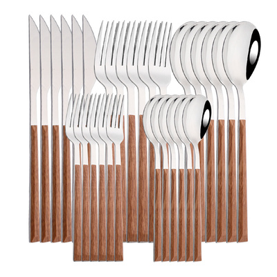 6/30Pcs Stainless Steel Dinner Flatware Imitation Wooden