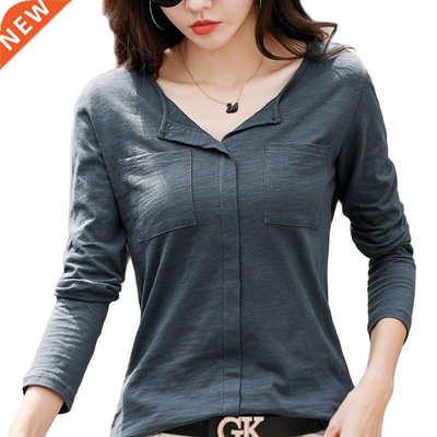 TuangBiang Fashion V-Neck Women Cotton T-Shirts Two Pockets