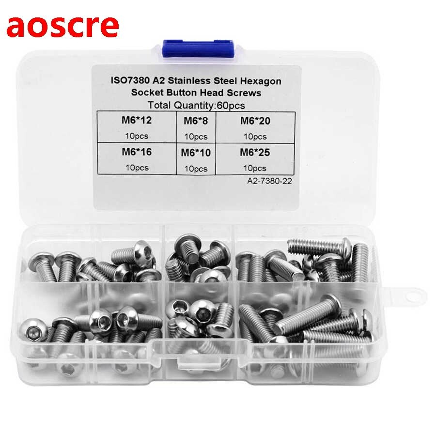 60Pcs M6 Stainless Steel Hex Socket Button Screws Fasteners