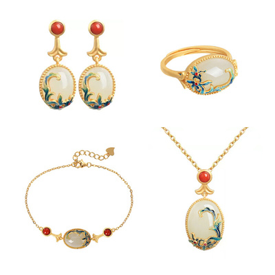 Light luxury Natural Hotan Jade jewelry sets Ancient Gold