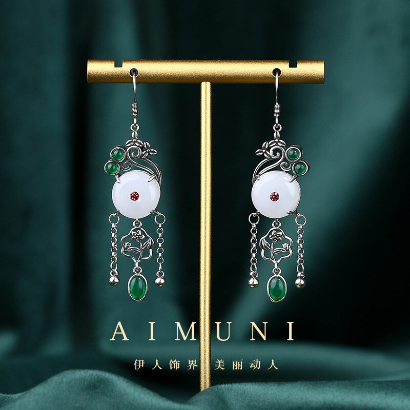 Imitation Hetian Jade Peace Buckle Tassel Earrings Female