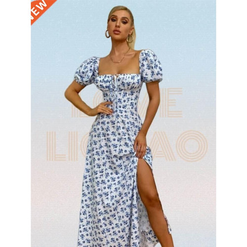 Ditsy Floral Print Puff Sleeve Tie Front High Split Dress Wo