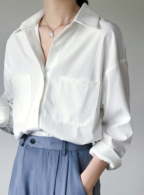 OL Style White Shirts for Women Turn-down Collar Pockets Wom