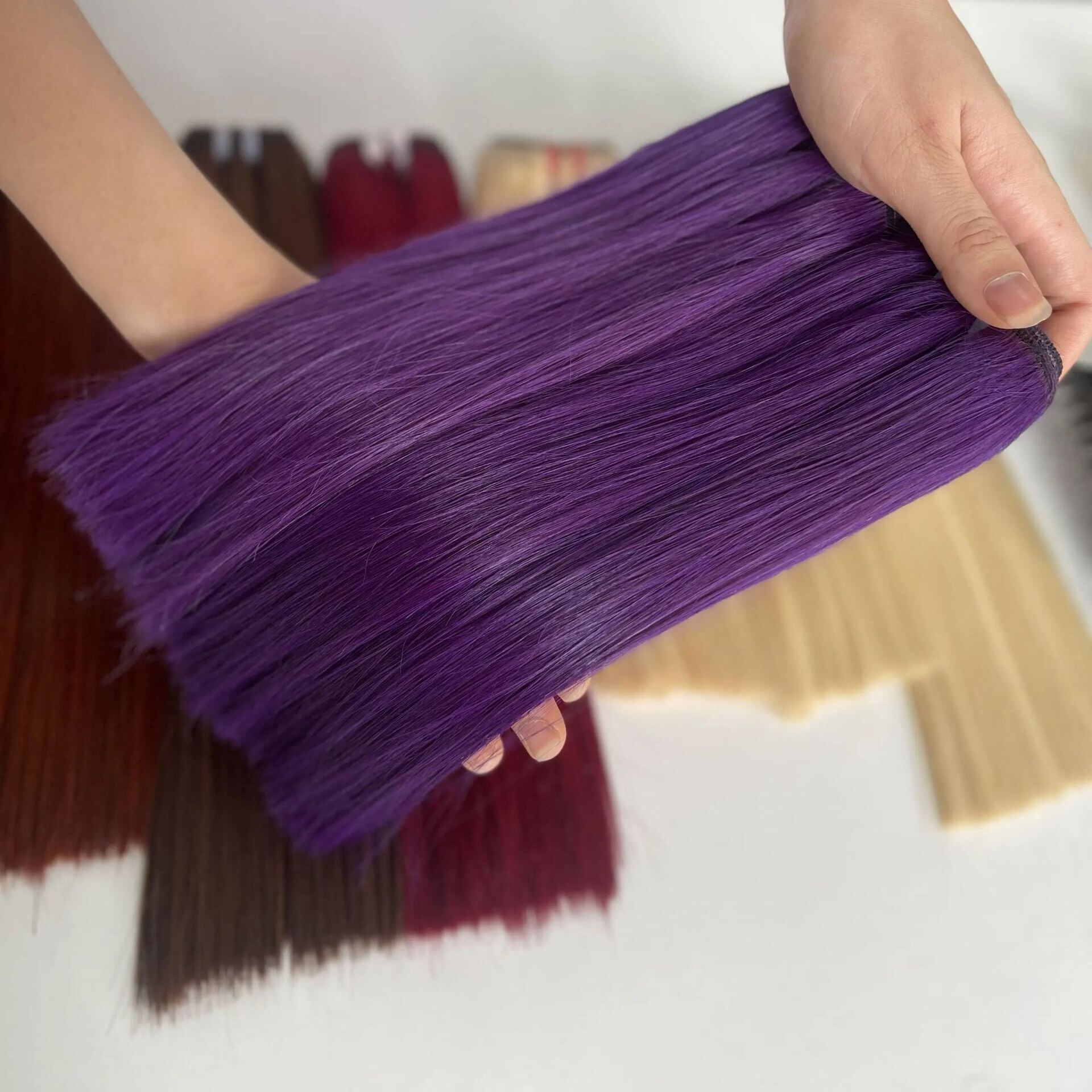Bone Straight Hair Extensions Purple Color Double Drawn