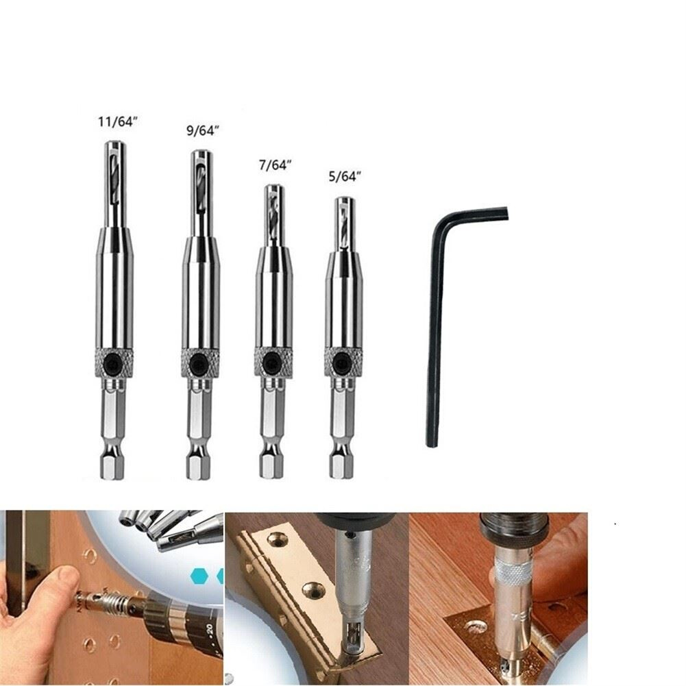 4 Pcs Self Centering Hinge Hardware Drill Bit Set 5/64 7/64