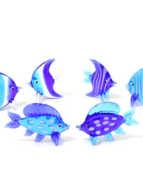 2Pcs Blue Murano Glass Sea Fish Mini Figurines Aquarium
