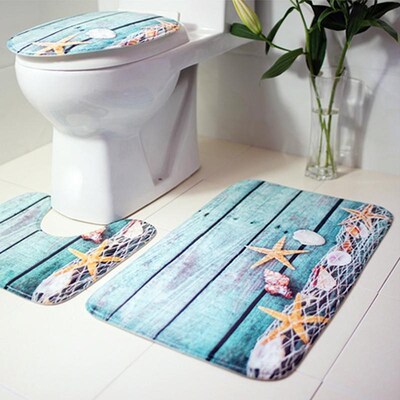 3Pcs/set Bathroom Mat Set Toilet Rug Ocean World Flannel An