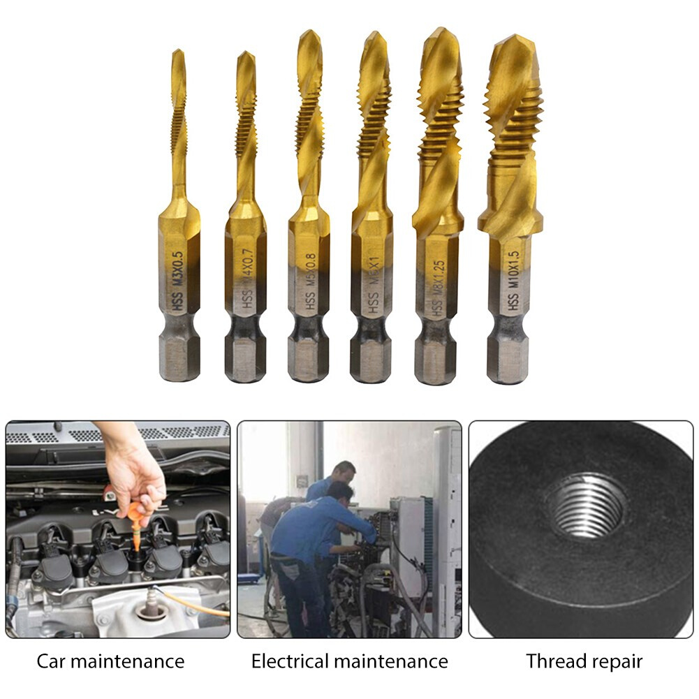6PCS Tap Drill Bit Hex Shank Titanium Plated HSS Screw Threa