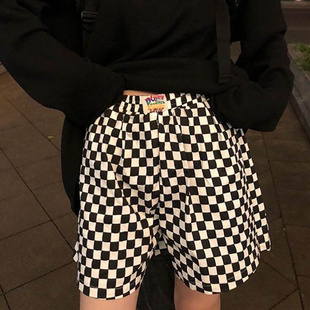 Elastic waist plaid shorts Woman's Korean fashion wide l