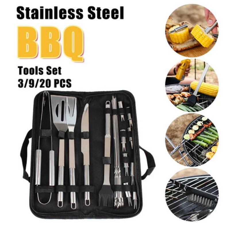 BBQ Tools Set Spatula Fork Tongs Brush Skewers Outdoor Steel