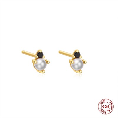 Trendy S925 Sterling Silver Pearl Black Zircon Stud Earrings