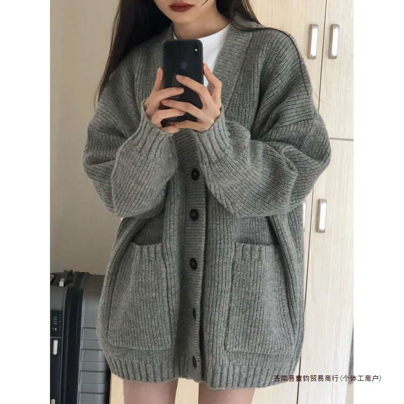 灰色毛衣外套女秋冬2025新款宽松外穿日系慵懒风复古软糯针织开衫