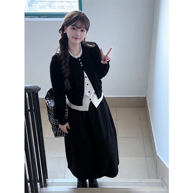 实价有货韩系设计感假两件长袖毛衣针织衫女高腰显瘦半身裙套装