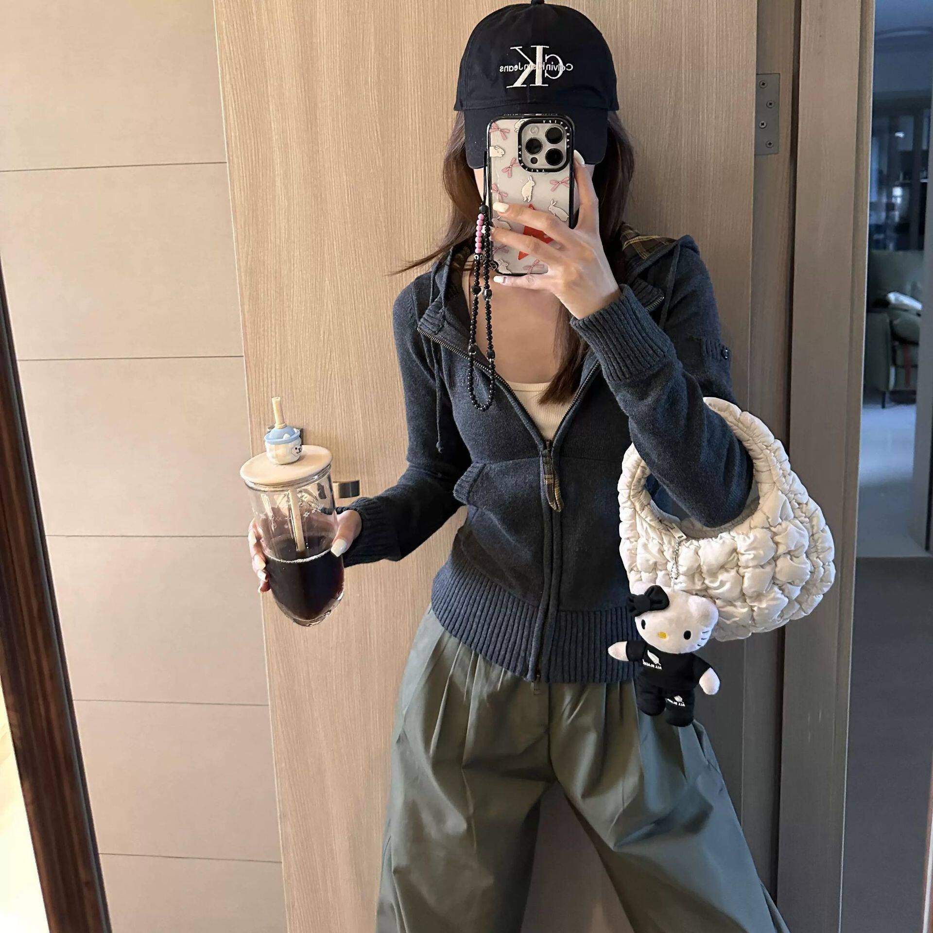 美式复古连帽毛衣开衫女秋冬格子修身针织外套慵懒风短款上衣chic