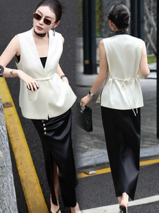 【醋酸马甲套装】设计师款2026春夏极简风白色西装马甲/醋酸半裙