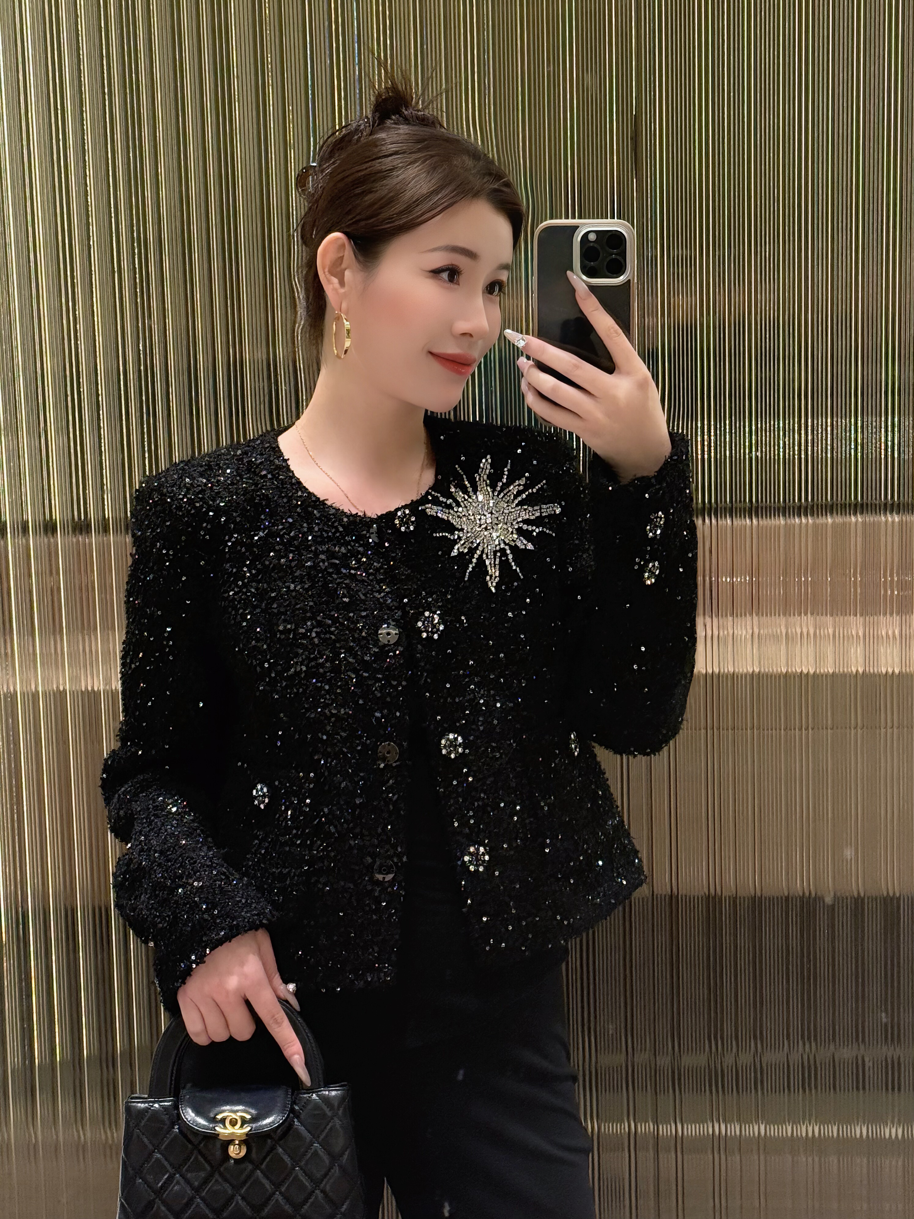 【暗夜星光】2025秋冬重工钉珠设计款小香风外套/黑色小香风外套