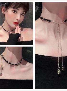 抽拉式金球穿皮项链毛衣链