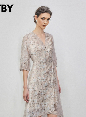 高腰花色精致风一片式雪纺连衣裙女法式收腰中袖内搭长款裙子