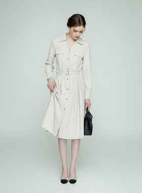 法式复古风翻领连衣裙女收腰单排扣中长裙气质长袖设计感A字裙