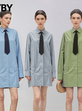 常规厚薄时尚直筒型长袖衬衫系带收腰连衣裙女POLO领短款衬衣裙