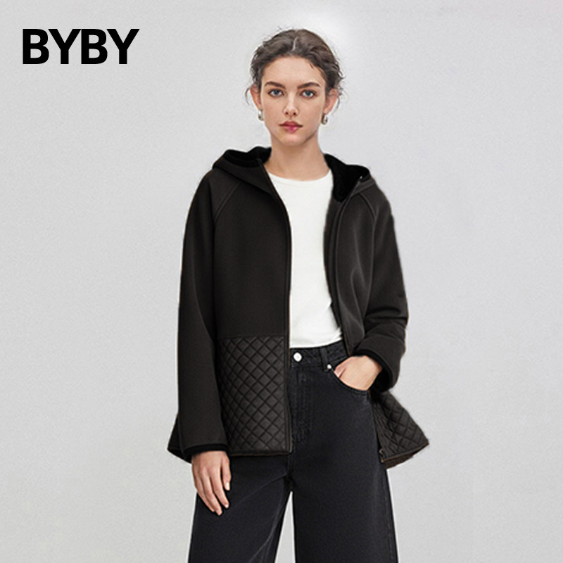 撞色拼接连帽直筒型长袖宽松夹棉风衣外套女小个子夹克卫棉服衣新