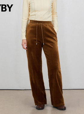 高腰简约复古丝绒阔腿裤女松紧腰抽绳休闲裤显瘦慵懒风百搭长裤