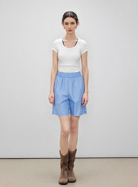 极简休闲风设计感百搭高腰宽松短裤女夏季显瘦蓝色松紧腰五分裤